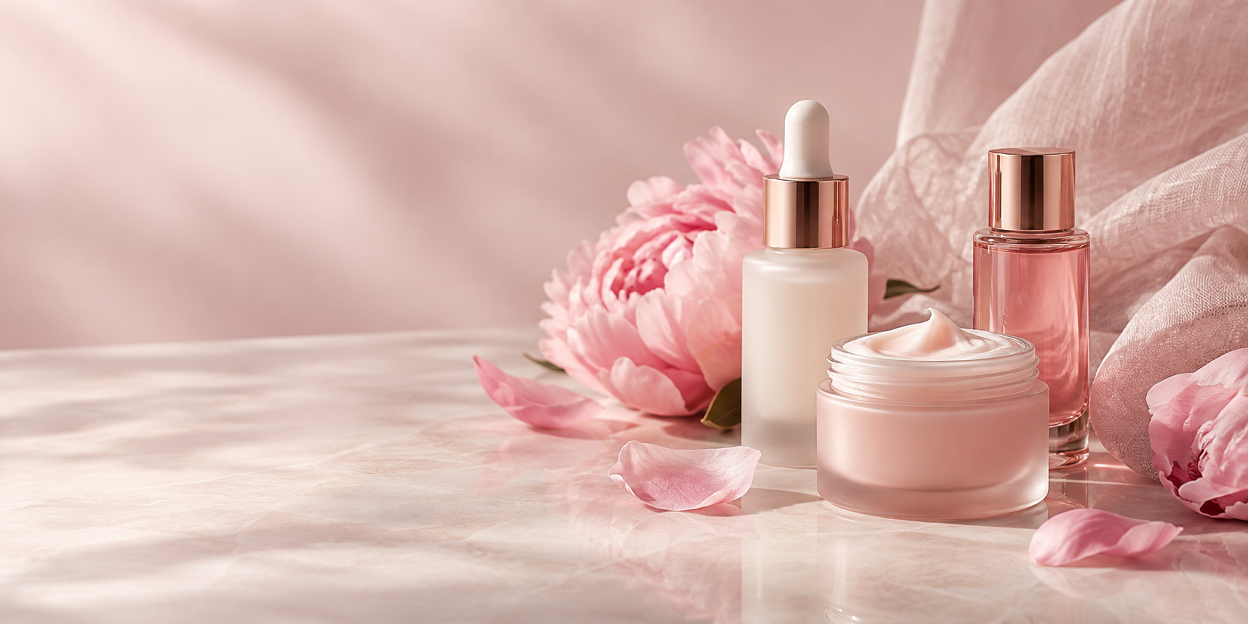 Blush skincare bottles and a cream jar with pink peonies in soft morning light.